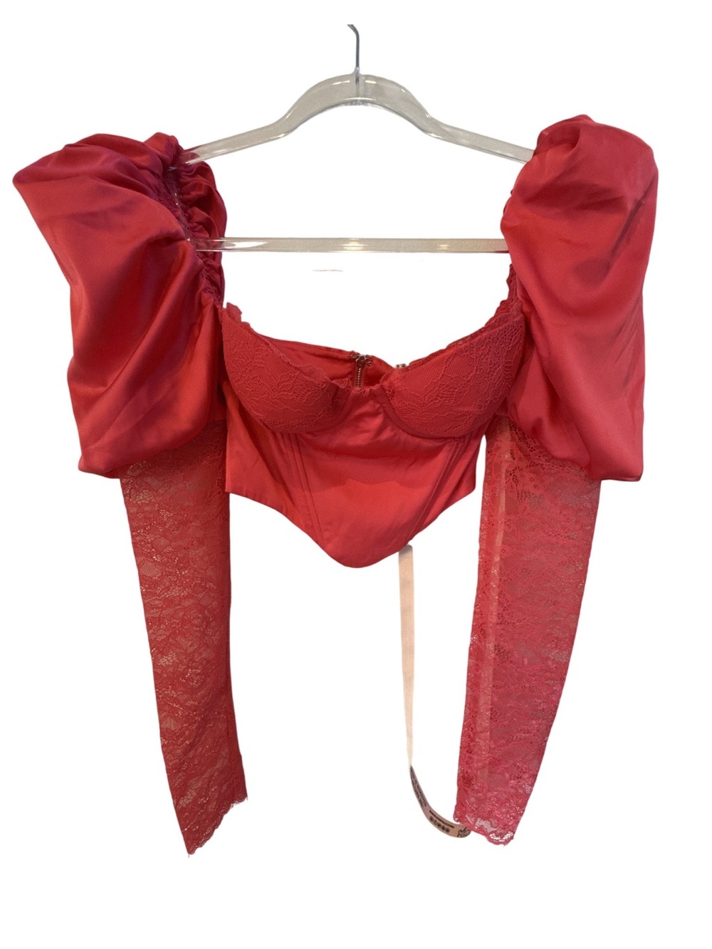 NEW Oh Polly Pink Puffy Sleeve Lace Corset Crop Top
